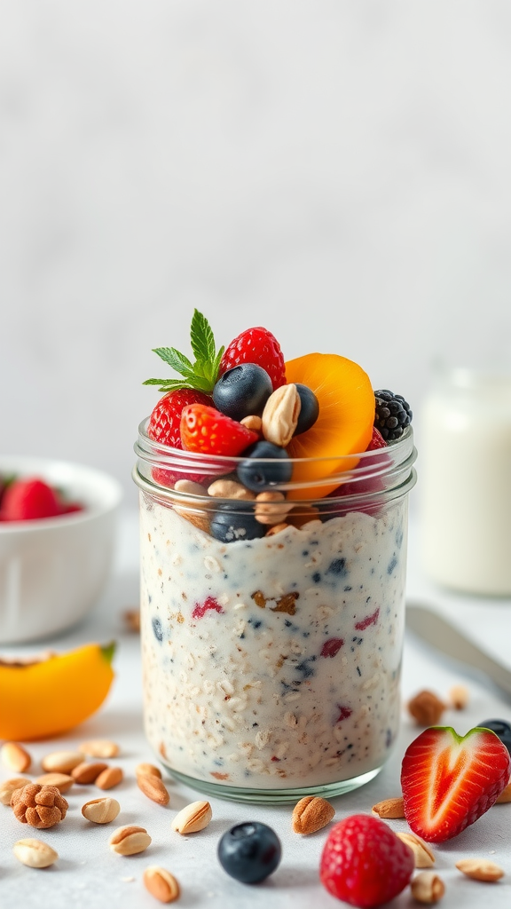 A jar of overnight oats topped with seasonal fruits like strawberries, blueberries, and peaches, with nuts scattered around it.