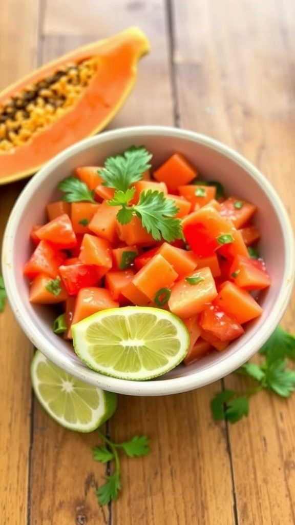 A bowl of papaya and lime salad with fresh herbs on a wooden table.