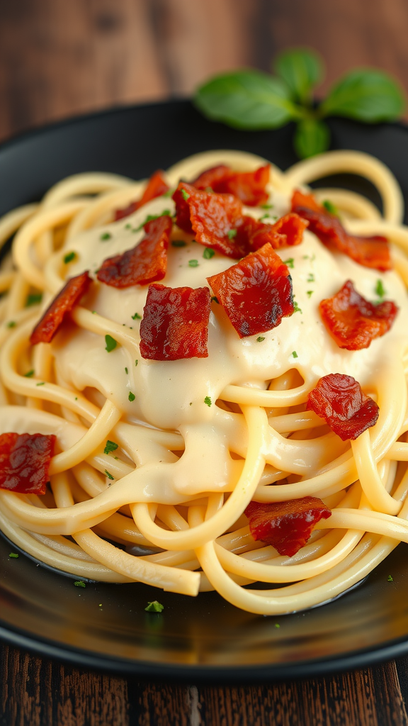 A bowl of Pasta Carbonara topped with crispy bacon and garnished with parsley.