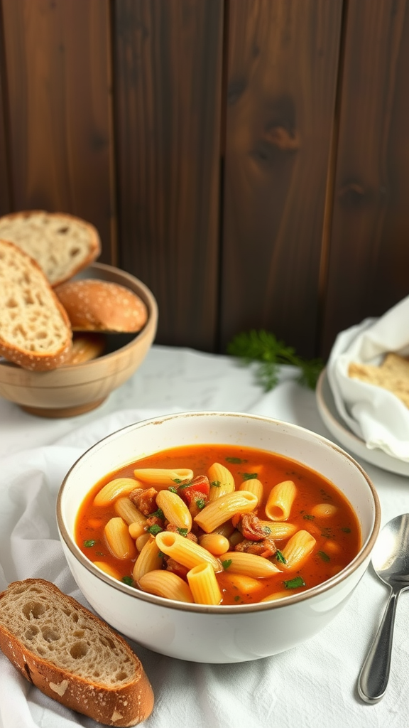 A bowl of Pasta e Fagioli Soup with pasta, beans, and a side of bread.