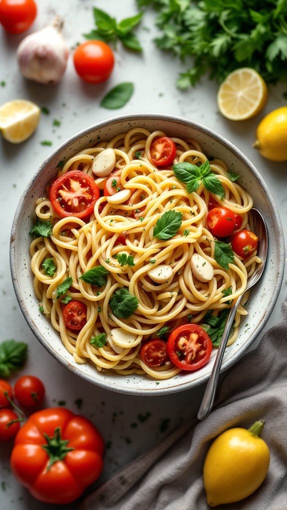 A bowl of pasta primavera with tomatoes, garlic, and herbs.