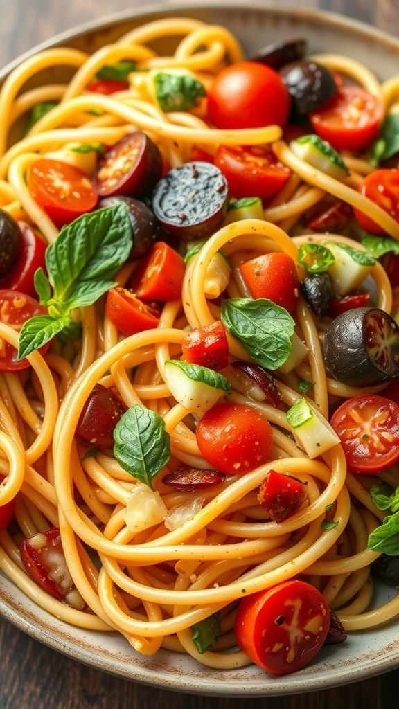 Bowl of Pasta Primavera with colorful vegetables including red and green peppers and broccoli.