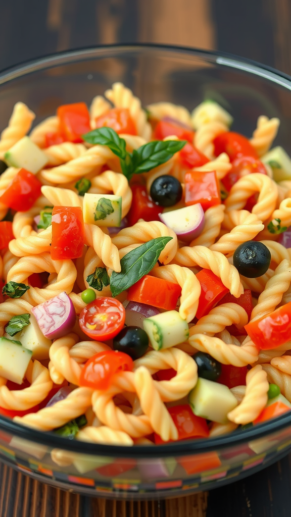 A vibrant bowl of pasta salad with colorful ingredients including cherry tomatoes, olives, mozzarella, and fresh basil.