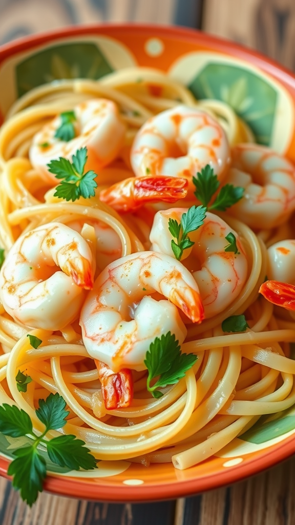 A bowl of pasta with shrimp, lemon slices, and parsley in an orange pot