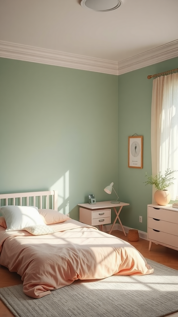 A serene bedroom featuring pastel green walls and a blush pink bedspread, accentuated by natural light.