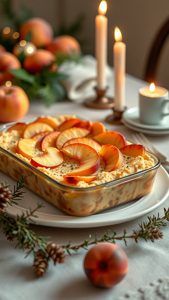 A peach and cream cheese casserole surrounded by fresh peaches and candles.