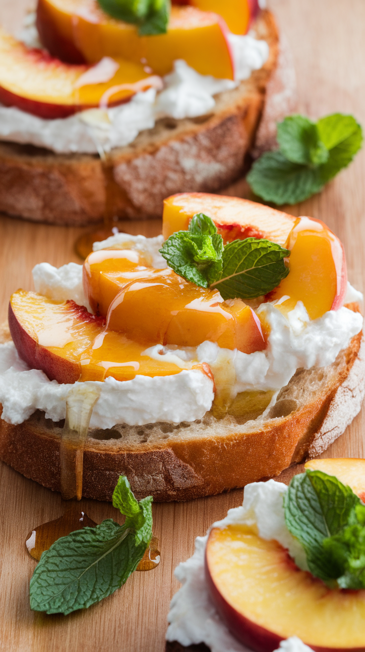 Peach and Ricotta Toast with honey drizzle and mint garnish