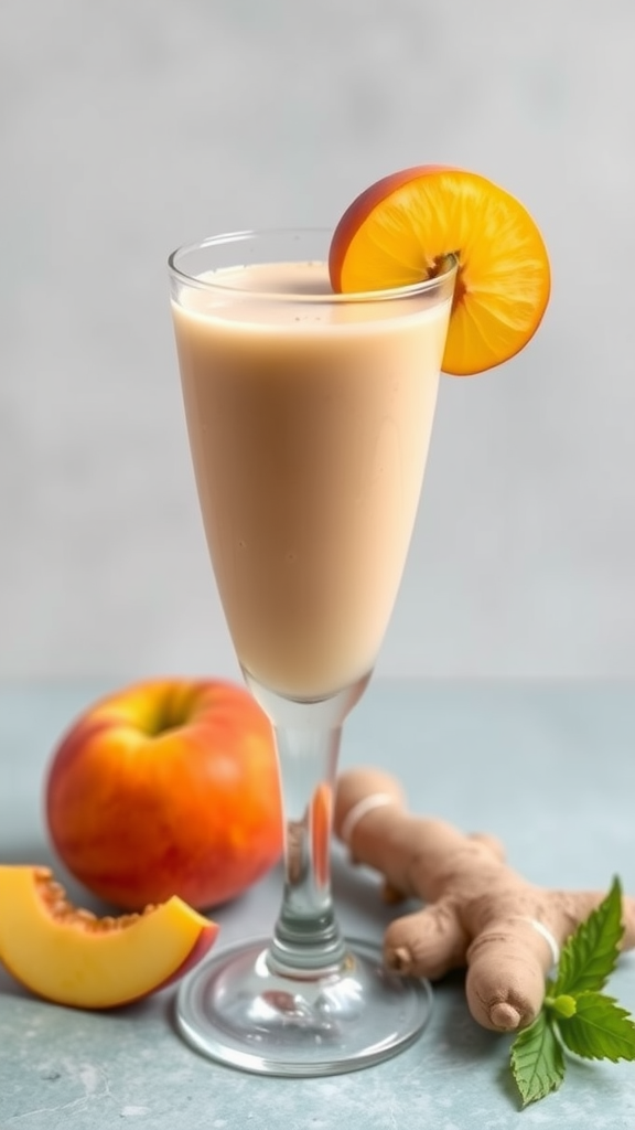 A glass of peach ginger smoothie with fresh peaches and ginger beside it.