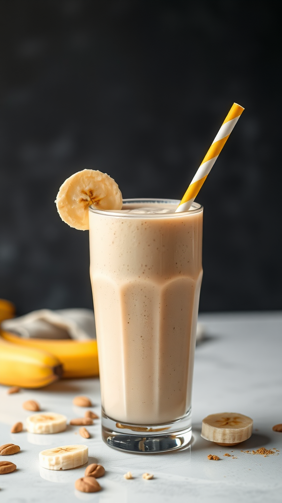 A creamy peanut butter banana smoothie in a tall glass with a straw, garnished with a banana slice, surrounded by bananas and almonds.