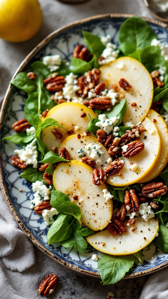 A fresh salad featuring sliced pears, spinach, Gorgonzola cheese, and pecans on a decorative plate.