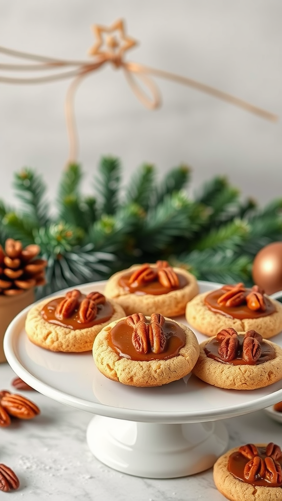 An inviting display of pecan pie cookies on a white plate, topped with caramel and pecans, surrounded by festive decorations.