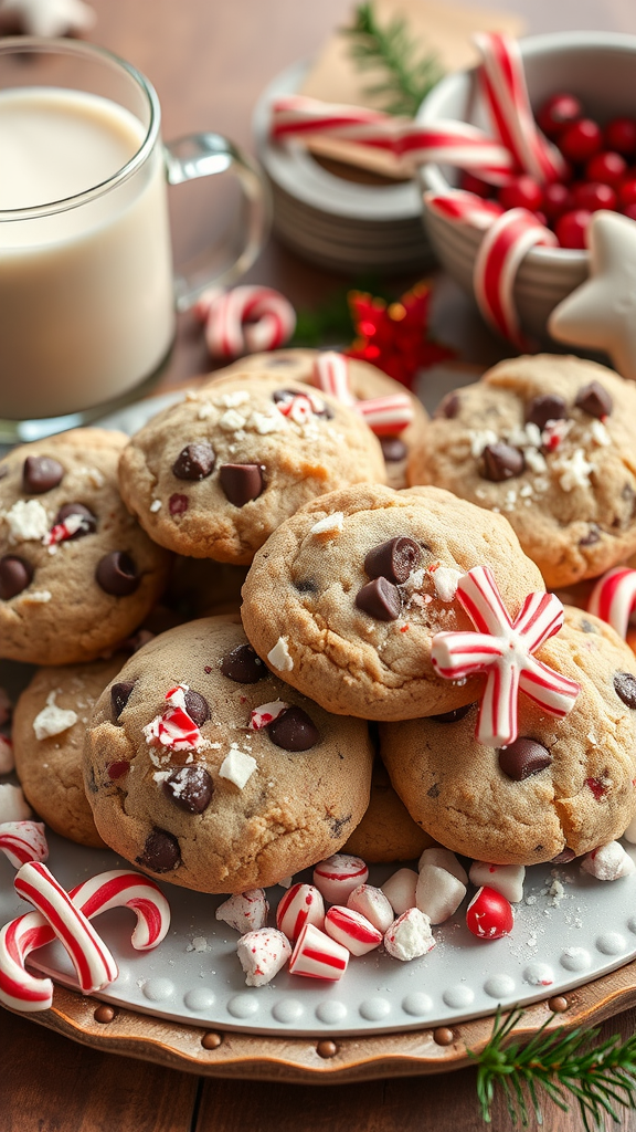 A plate of peppermint mocha cookies adorned with chocolate chips and crushed peppermint, alongside a glass of milk and festive decorations.