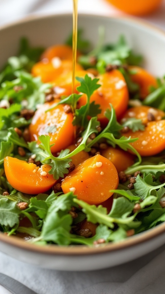 A close-up of a salad with sliced persimmons and arugula, drizzled with dressing.