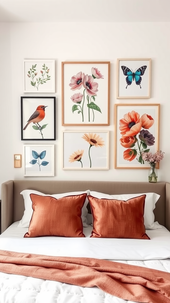 A modern bedroom featuring a gallery wall of framed photos above the bed.