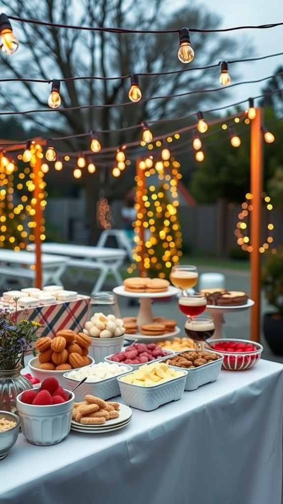 A dessert bar with various treats under string lights outdoors.