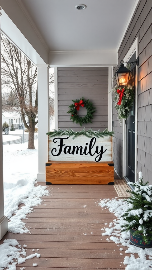 A winter porch decor ideas with a personalized family name sign, surrounded by festive wreaths and snow.