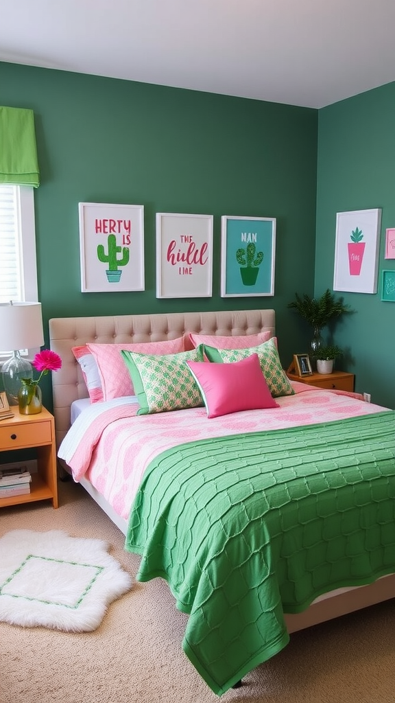 A cozy bedroom featuring green and pink decor with personalized items like artwork and plush pillows.