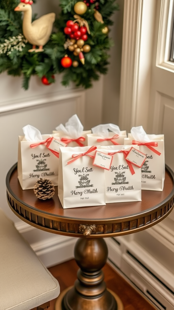 A table with personalized gift bags for guests, decorated with a stylish touch.