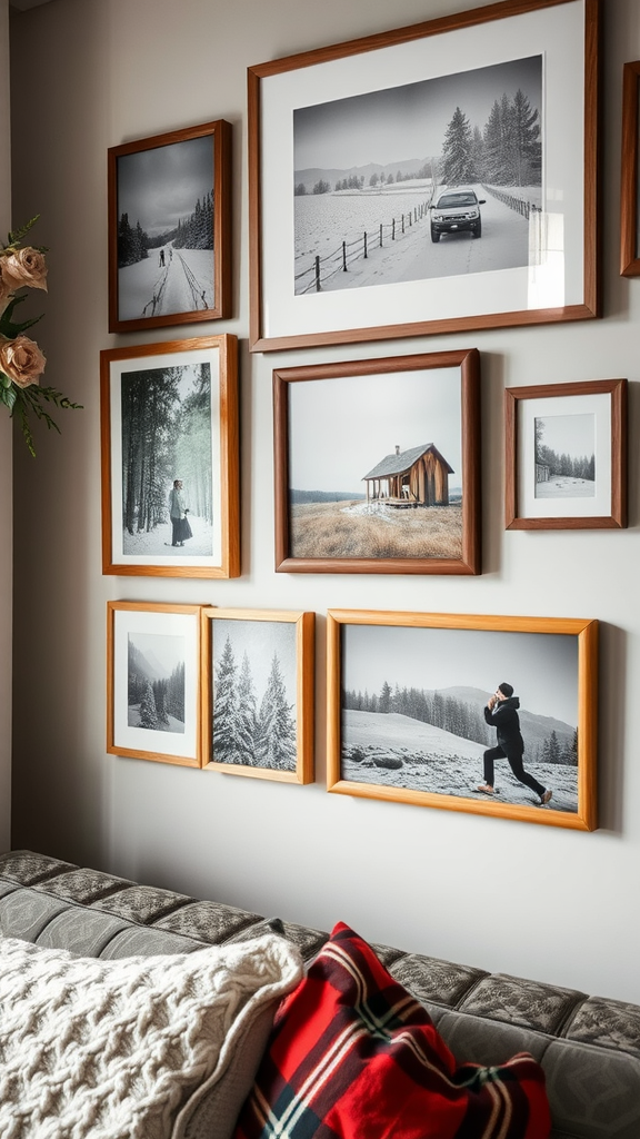 A cozy living room with a personalized photo display on the wall, featuring family and scenic pictures, and a decorated Christmas tree.