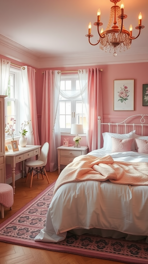 A cozy light pink bedroom with a personalized photo wall made of various framed pictures.