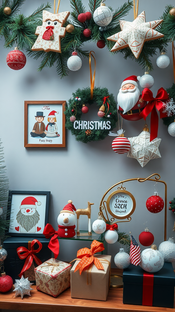 A cozy winter living room decorated with personalized Christmas ornaments, gifts, and festive art.