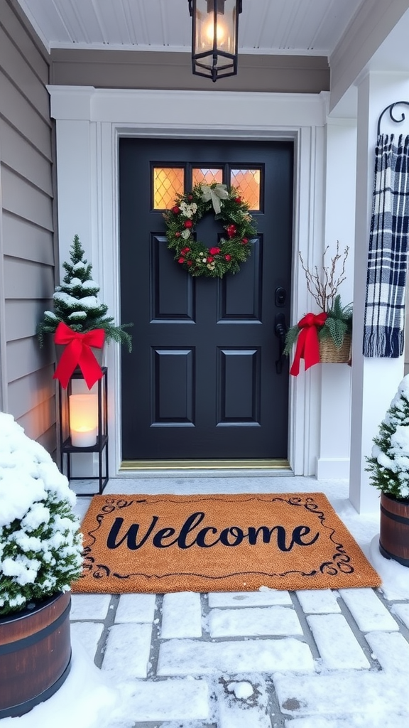 A cozy and festive front porch with a black door, a wreath, holiday decorations, and a welcome mat.