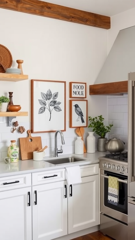 A cozy kitchen wall displaying a variety of personalized wall art, including family photos and decorative items.