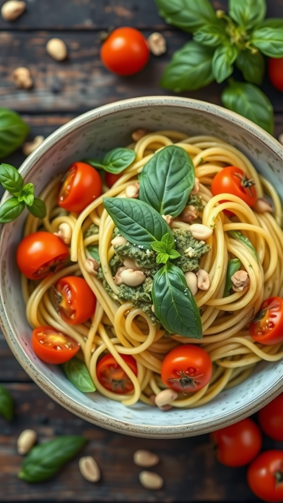 A bowl of spaghetti with pesto sauce, topped with fresh basil and cherry tomatoes, on a wooden table.