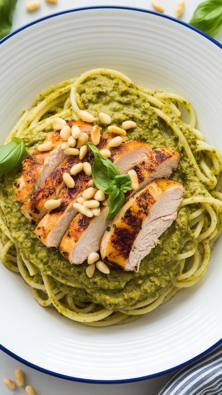 A bowl of pesto pasta topped with grilled chicken, pine nuts, and basil leaves.