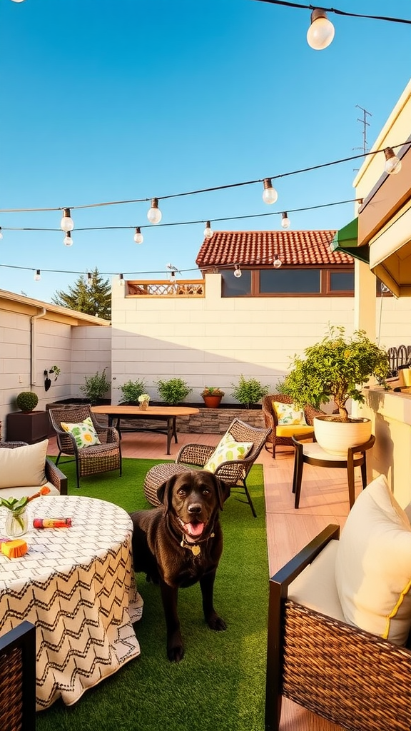 A cozy outdoor patio featuring dogs, comfortable seating, and warm lighting, perfect for winter gatherings.