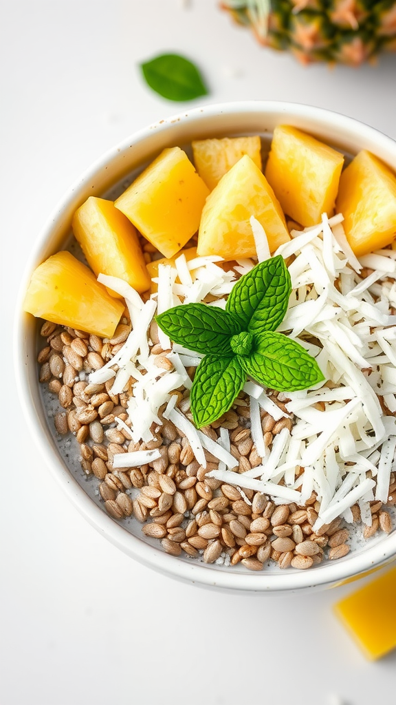 A delicious chia bowl topped with pineapple, coconut, and mint.