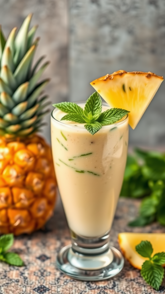 A refreshing pineapple mint drink with a slice of pineapple and mint leaves, next to a whole pineapple.