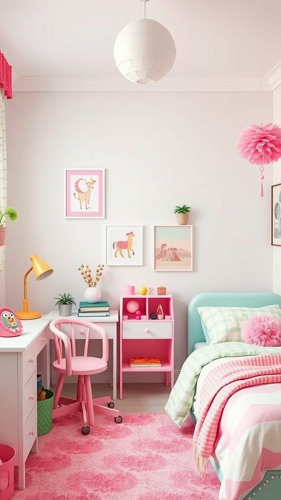 A vibrant bedroom featuring pink and green accessories, including a pink rug, colorful wall art, and a green bedspread.