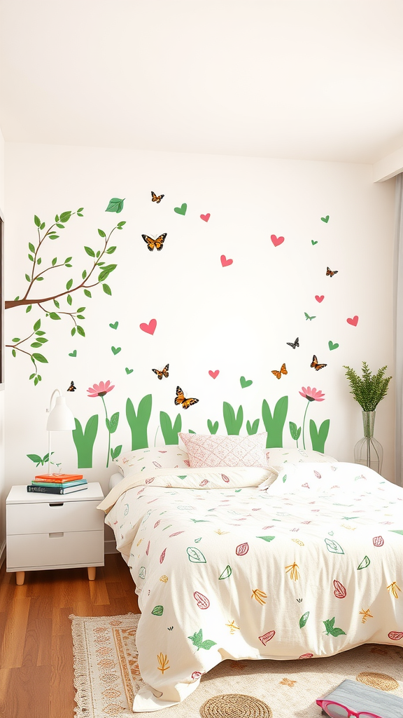 A colorful bedroom featuring pink and green wall decals with butterflies and flowers.