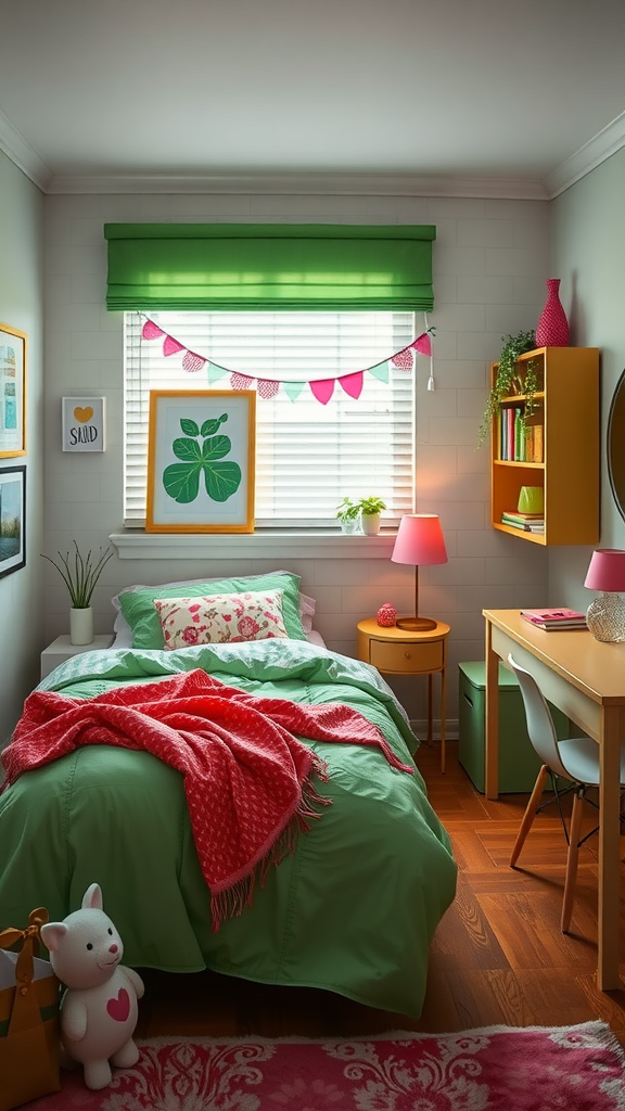 A bright and cozy pink and green themed bedroom with colorful accessories.