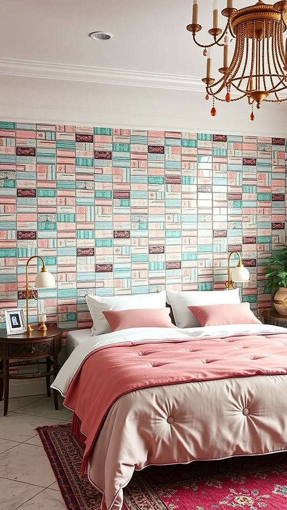 Pink and green tile backsplash in a bright bedroom setting