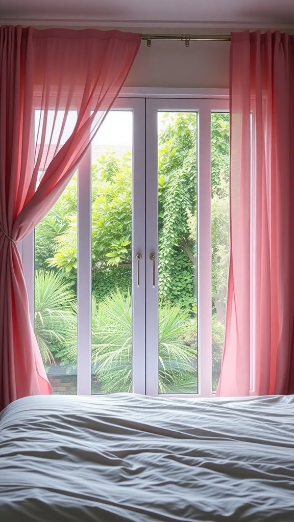 A cozy bedroom with pink curtains framing a lush green garden view.