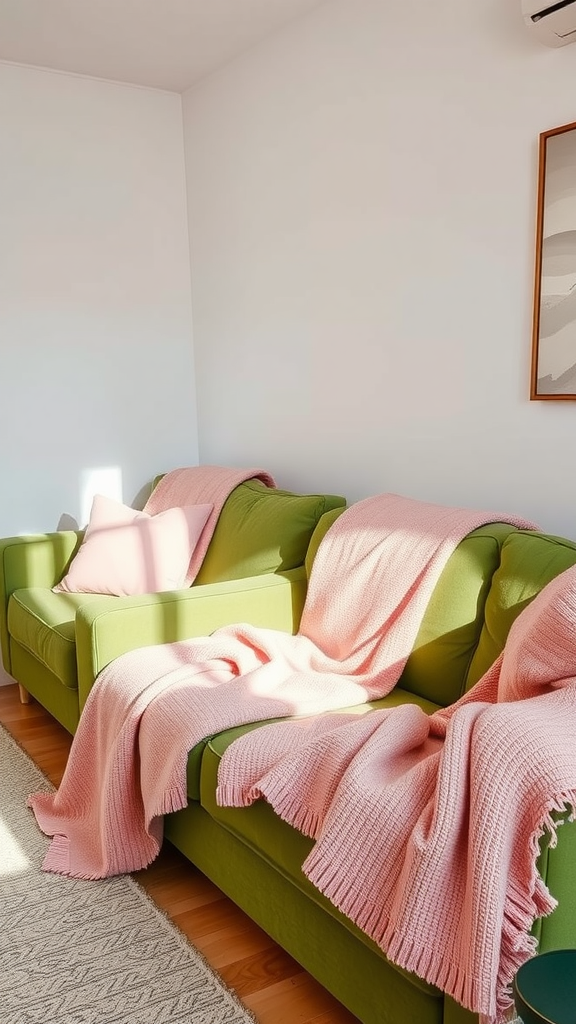 Cozy green couches with soft pink throw blankets draped over them