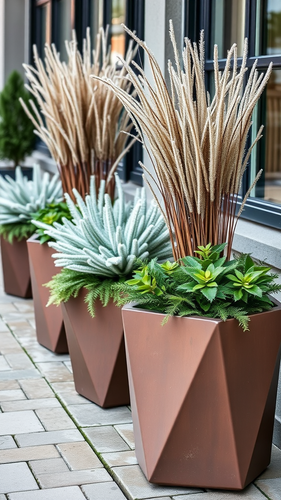 Geometric planters filled with greenery and decorative plants