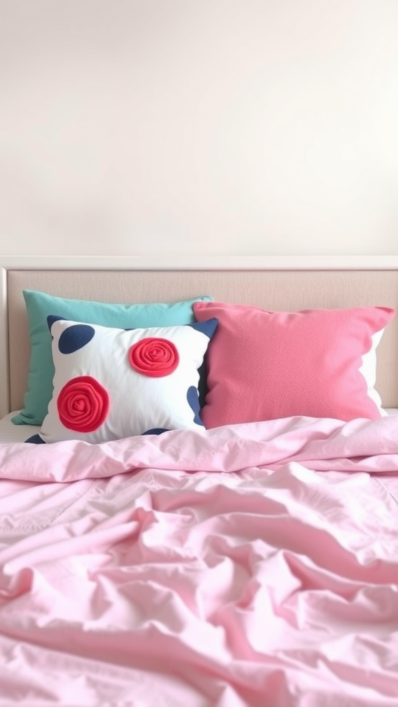 Cozy light pink bedroom with playful accent pillows