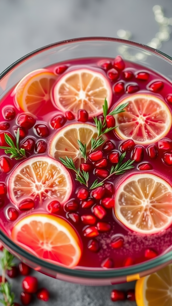 A vibrant bowl of Pomegranate Prosecco Punch featuring pomegranate seeds, lemon slices, and fresh rosemary.