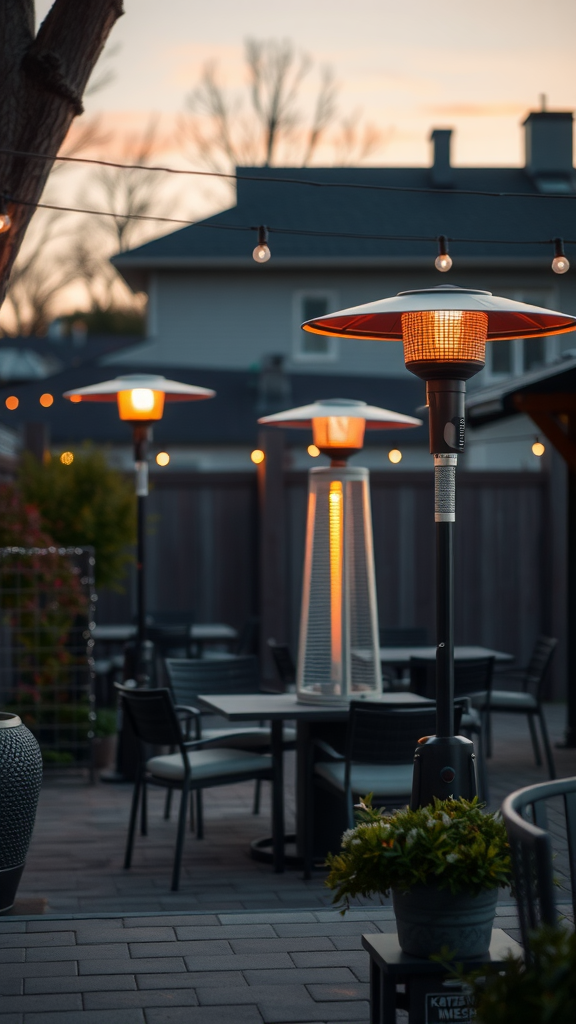 An outdoor patio with portable heaters glowing warmly during sunset.