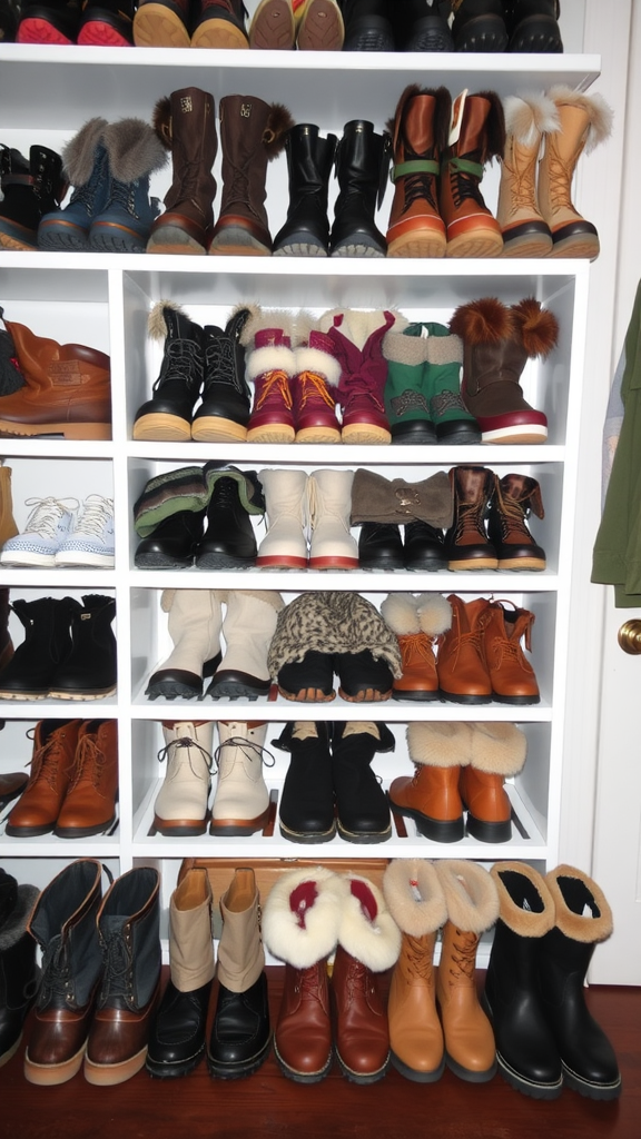 A neatly organized shoe storage area featuring various boots and shoes on wooden shelves.