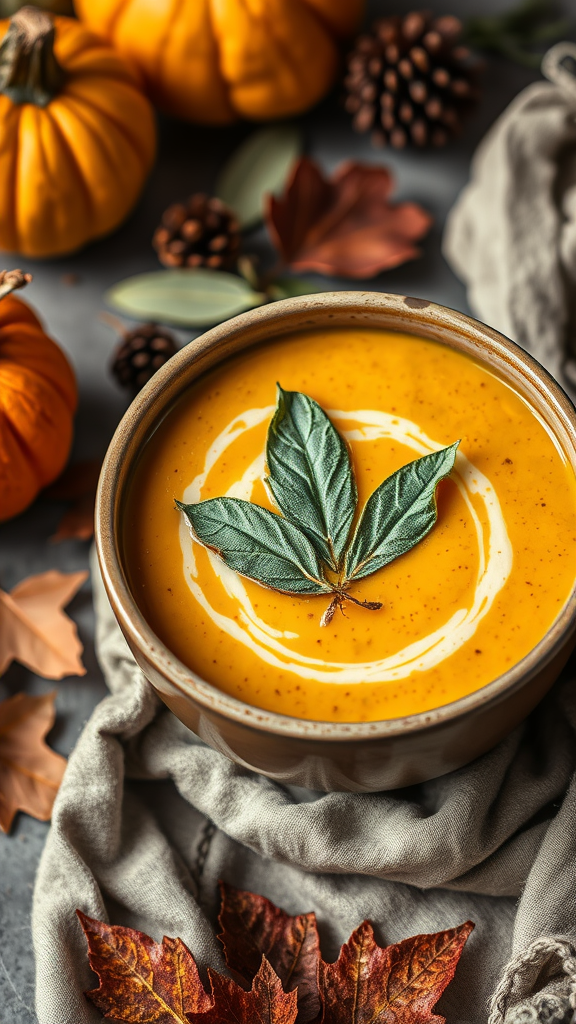 Bowl of pumpkin and sage soup garnished with a sage leaf, surrounded by pumpkins and autumn leaves.