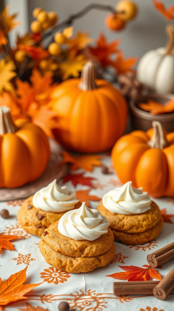 Pumpkin spice cookies topped with frosting surrounded by autumn decorations