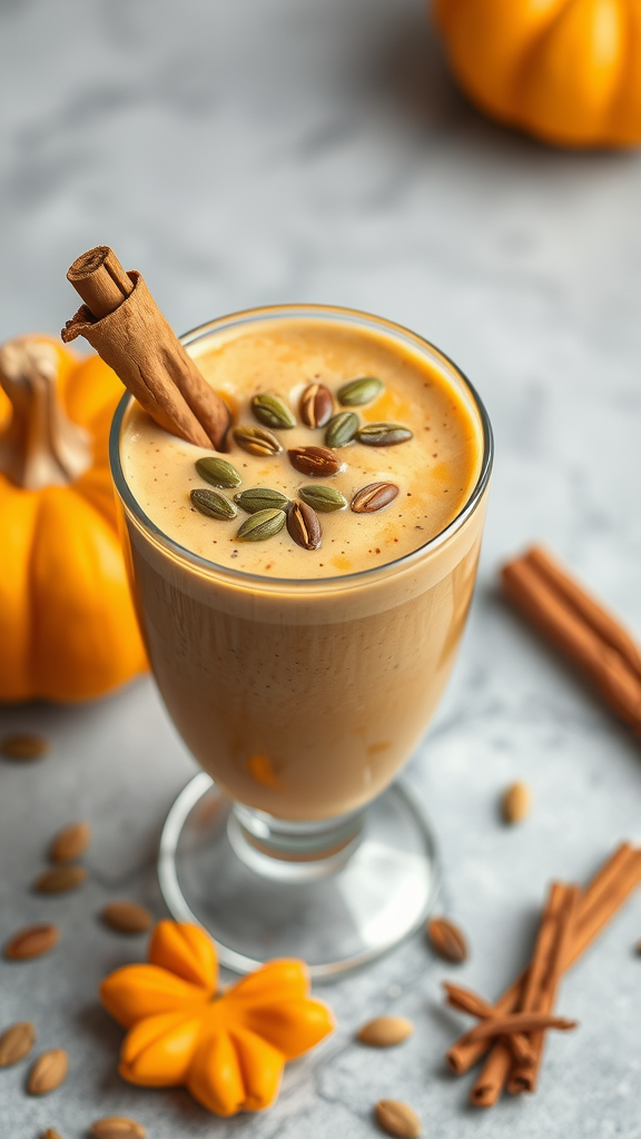 A creamy pumpkin spice drink garnished with cinnamon and pumpkin seeds, surrounded by decorative pumpkins and cinnamon sticks.