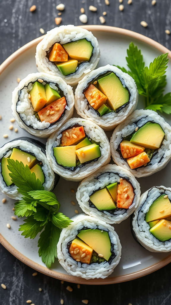 A plate of quick breakfast sushi rolls with rice and avocado, garnished with sesame seeds and fresh herbs.