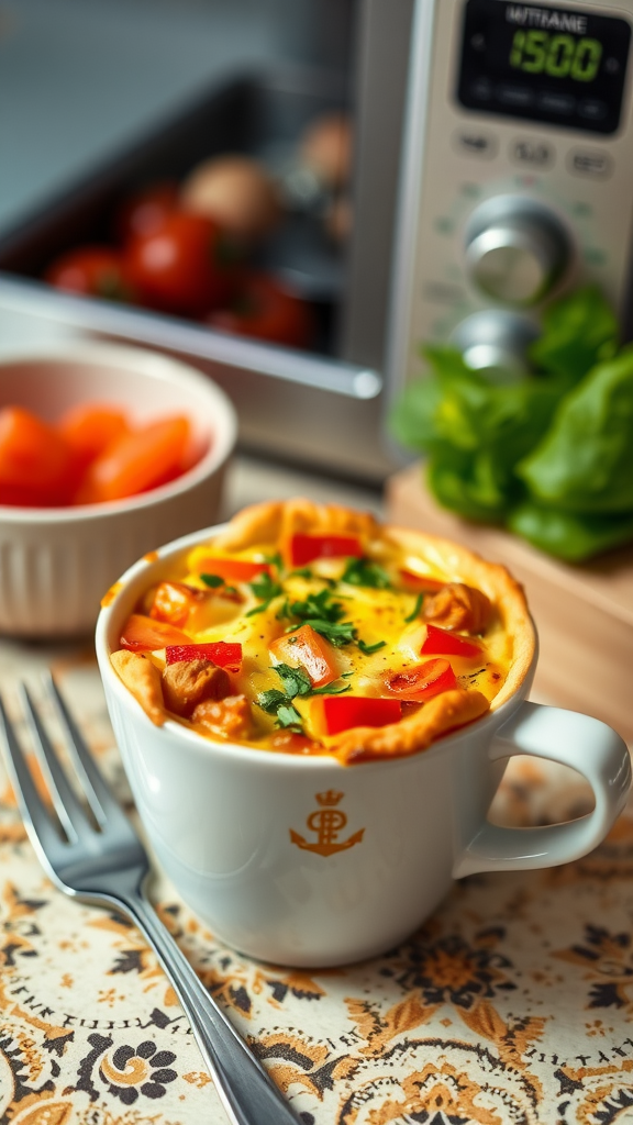 A microwave quiche in a cup with colorful vegetables, ready to be cooked.