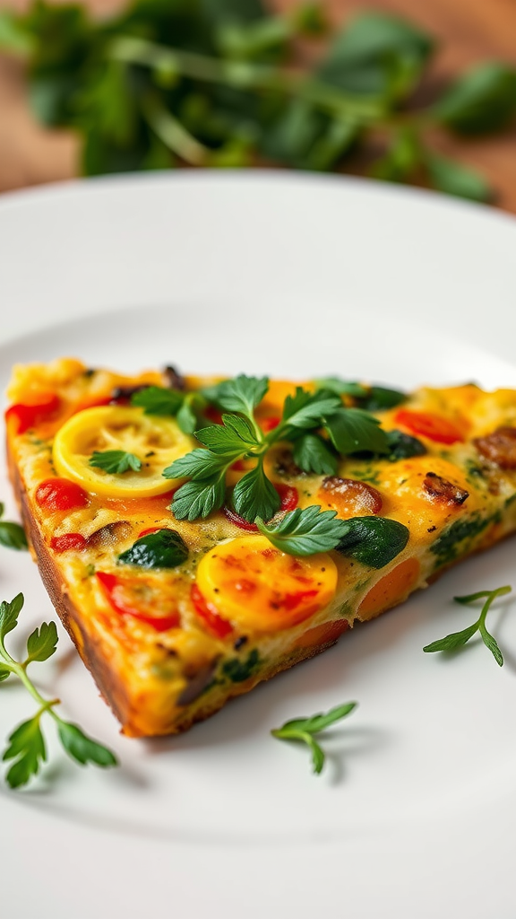 A slice of colorful vegetable frittata garnished with fresh herbs on a white plate.