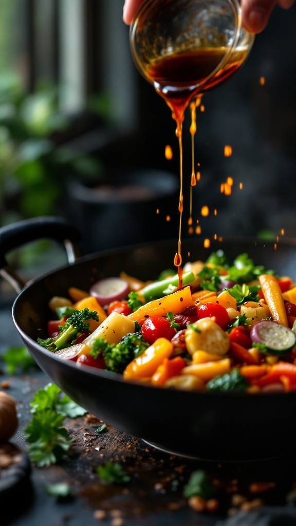 A colorful veggie stir-fry with sauce being poured over it in a black pan